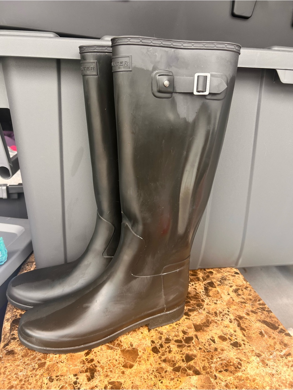 Hunter Matte Black Tall Waterproof Rain Boots with Side Buckle